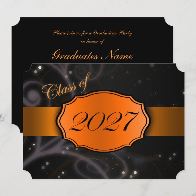 Orange och svart 2027-examen inbjudningar (Fram/baksida)