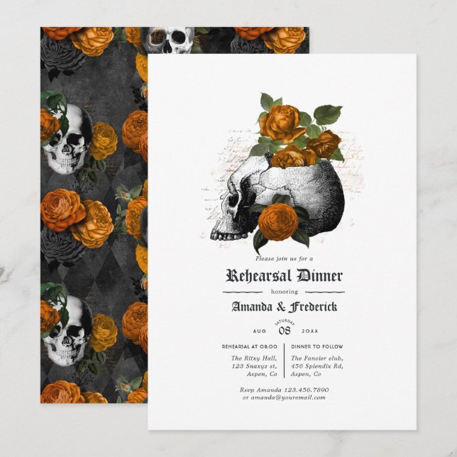 Orange och svart blomstergotisk repetitionsmiddag inbjudningar (Fram/baksida)