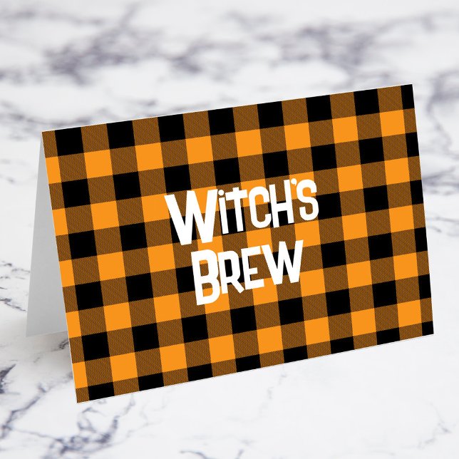 Orange och svart Buffalo Play Halloween-matkort Bordsnummer (Orange and Black Buffalo Check Halloween Punch Desert or Food Table Card - You Fold Your Own Cards)