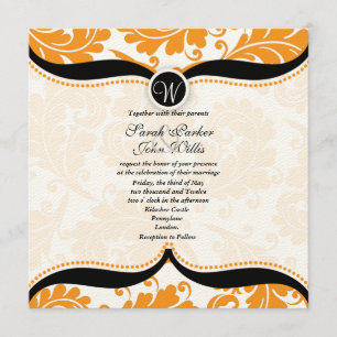 Orange och svart damask Paisley Bröllopsinbjudan Inbjudningar