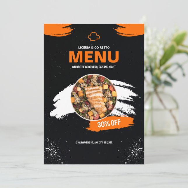 Orange och svart enkelt restaurangmeny, Restaurang Meny (Stående Fram)