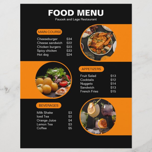 Orange och svart fet geometrisk meny för restauran (Framsidan)