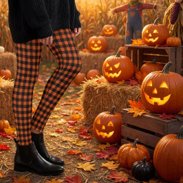 Orange och svart gingham-rutig check leggings