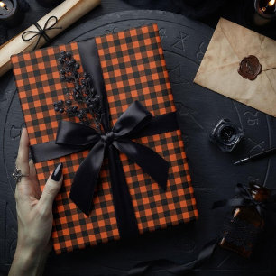 Orange och svart gingham rutigt rutmönster presentpapper