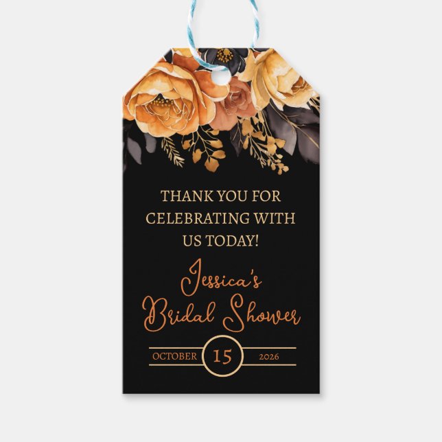 Orange och Svart, Halloween, Blommig Bröllopsfest  Presentetikett (Framsidan)