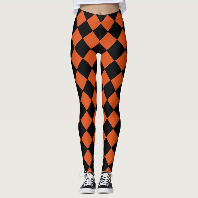 Orange och svart Harlequin Diamond Checked Mönster Leggings (Framsida)