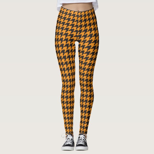 Orange och svart Houndstooth Mönster Leggings (Framsida)