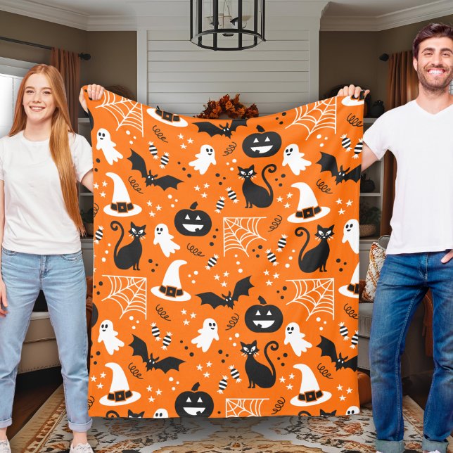 Orange och svart klassisk Retro Halloween Fleecefilt (Orange And Black Classic Retro Halloween Fleece Blanket)