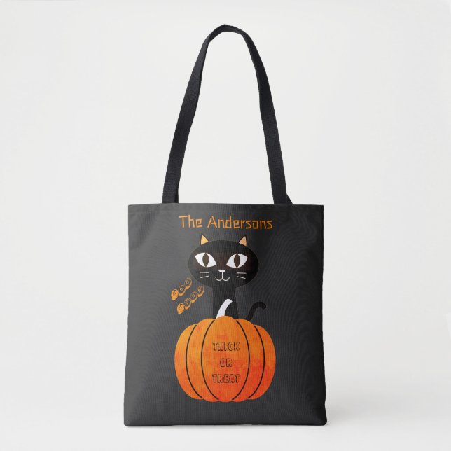 Orange och svart kute Bus eller godis Halloween Tygkasse (Framsida)