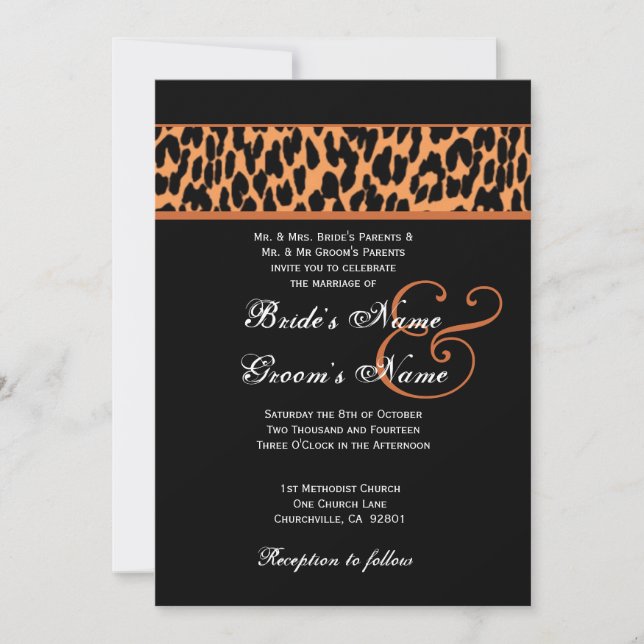 Orange och svart Leopard Bröllop Metallisk Papprar Inbjudningar (Framsida)
