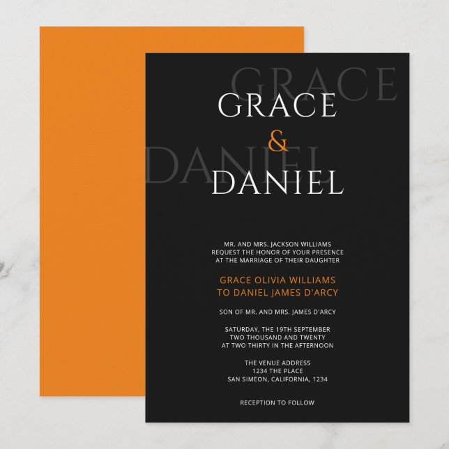 Orange och svart modern skugga Namn Bröllop Inbjudningar (Fram/baksida)