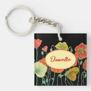 Orange och svart poppies blommigt Akryla Nyckelrin