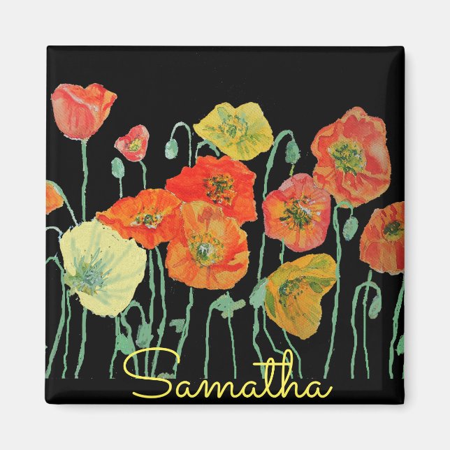 Orange och svart poppies blommigt Akryla Nyckelrin Magnet (Framsidan)
