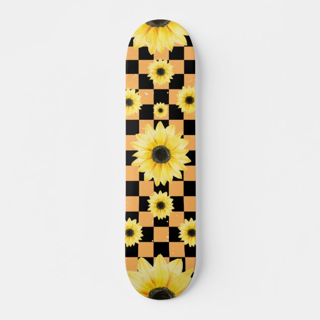orange och svart schackrat och solros mini skateboard bräda 18,5 cm (Framsida)