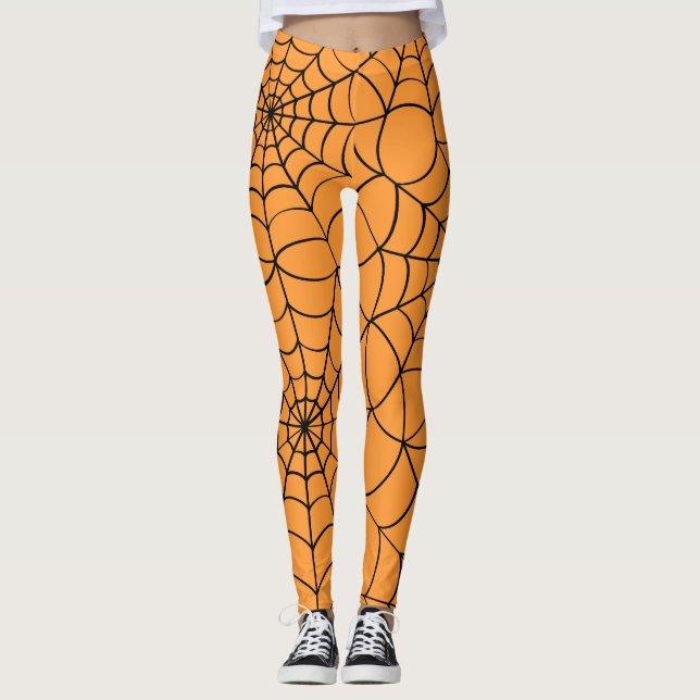 Orange och svart Spindelnät Halloween Leggings (Framsida)
