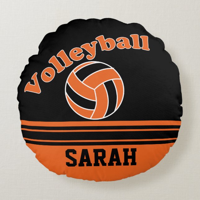Orange och svart volleyboll | DIY NAMN Rund Kudde (Framsidan)