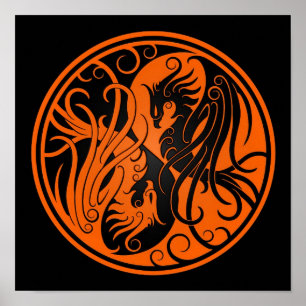 Orange och svart Yin Yang Phoenix Poster