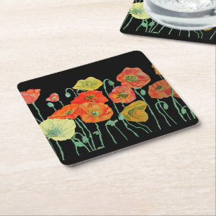 Orange och svarta vallmoblommor papperscoaster underlägg papper kvadrat