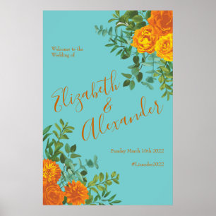 Orange och Teal Aqua Peony Ro Blommigt Bröllop Poster