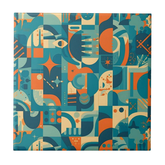 Orange och teal geometrisk abstrakt kakelplatta (Framsidan)