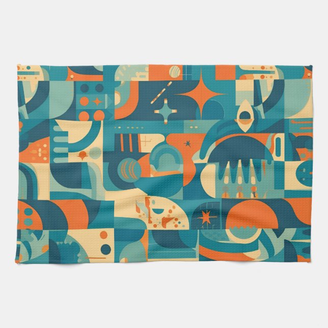 Orange och teal geometrisk abstrakt kökshandduk (Horisontell)