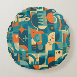 Orange och teal geometrisk abstrakt rund kudde