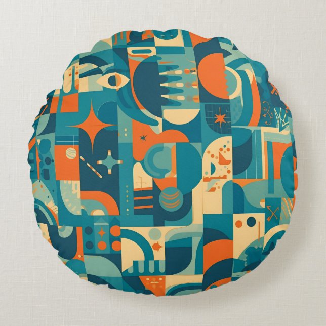 Orange och teal geometrisk abstrakt rund kudde (Framsidan)