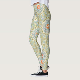 Orange och teal-mandalamönster med guldbetoningar leggings