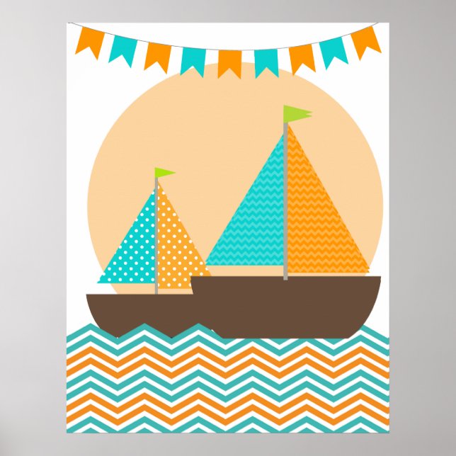 Orange och Teal Nautical Sailboat Nursery Poster (Framsidan)