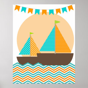 Orange och teal nautisk segelbåt barnkammare affis poster