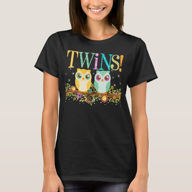 Orange och Teal Uggla Twillingar - Moderskapsledig T-shirt (Framsida)
