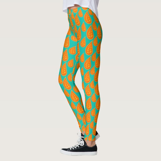 Orange och Tel grönt Abstrakt Blad Mönster Leggings (Vänster)