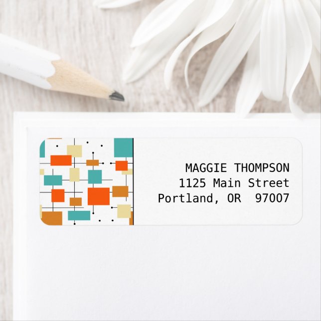 Orange och turkos Squares Mid Century Modern Returadress Etikett (Insitu)