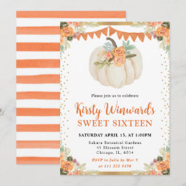 Orange och vit Blommigt Pumpkin Fall Sweet 16 Inbjudningar