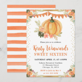 Orange och vit Blommigt Pumpkin Fall Sweet 16 Inbjudningar