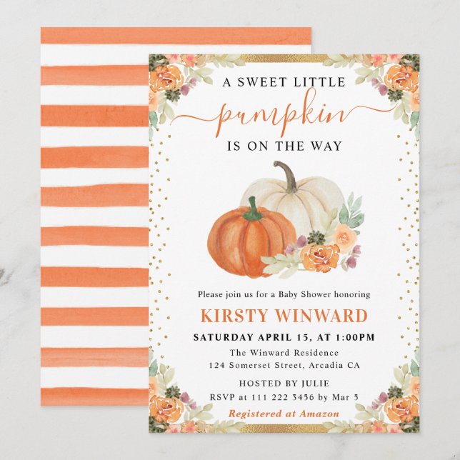 Orange och vit Blommigt Pumpkins Fall Baby Shower Inbjudningar (Fram/baksida)