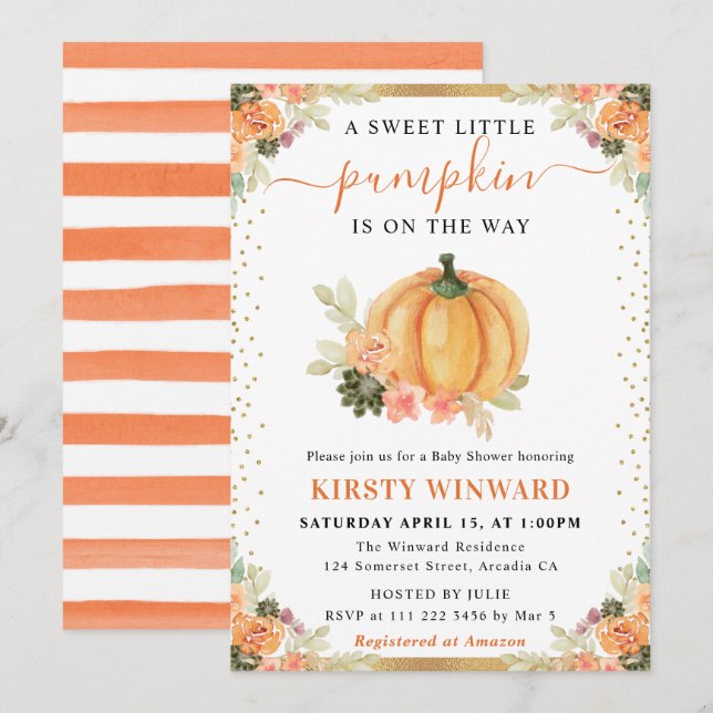 Orange och vit Blommigt Pumpkins Fall Baby Shower Inbjudningar (Fram/baksida)