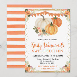Orange och vit Blommigt Pumpkins Fall Sweet 16 Inbjudningar