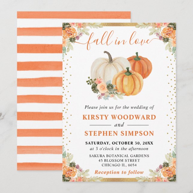 Orange och vit Blommigt Pumpkins Fall Wedding Inbjudningar (Fram/baksida)