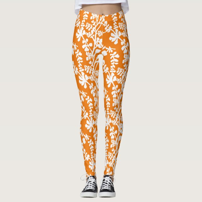 Orange och vit Blommigt som repeterar Mönster Leggings (Framsida)