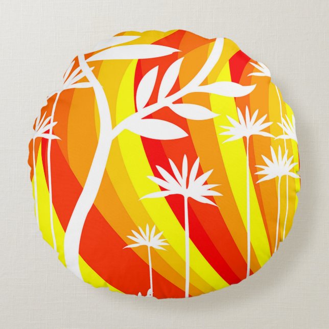 Orange och vit botanisk illustration rund kudde (Framsidan)