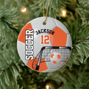 Orange och vit fotboll julgransprydnad keramik
