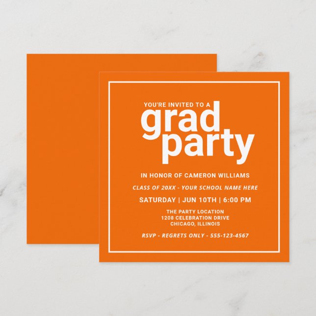 Orange och Vit Modern Basic Grad Party Inbjudningar (Fram/baksida)