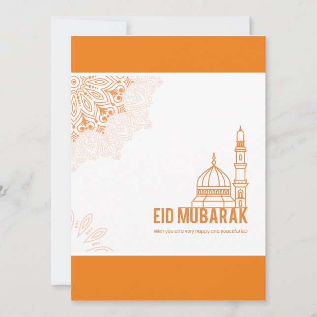Orange och vit moskédesign Eid hälsning (Framsida)