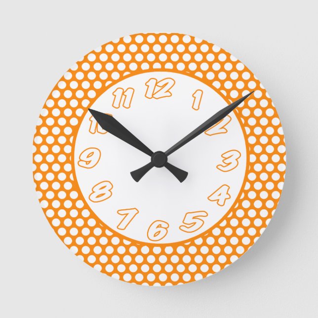 Orange och vit Polka dots Rund Klocka (Framsida)