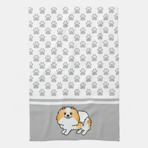 Orange Och Vit Pomeranian Med Grå Tassmönster Kökshandduk