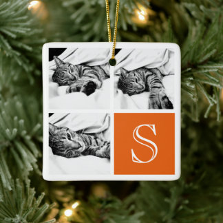 Orange och vita instagram Photo Collage Monogram Julgransprydnad Keramik