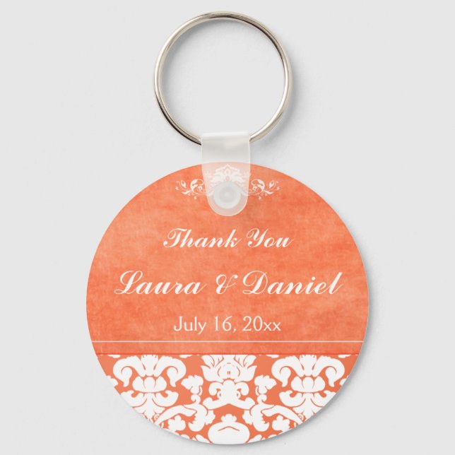 Orange- och White Damask Wedding Favor Nyckelring (Framsida)