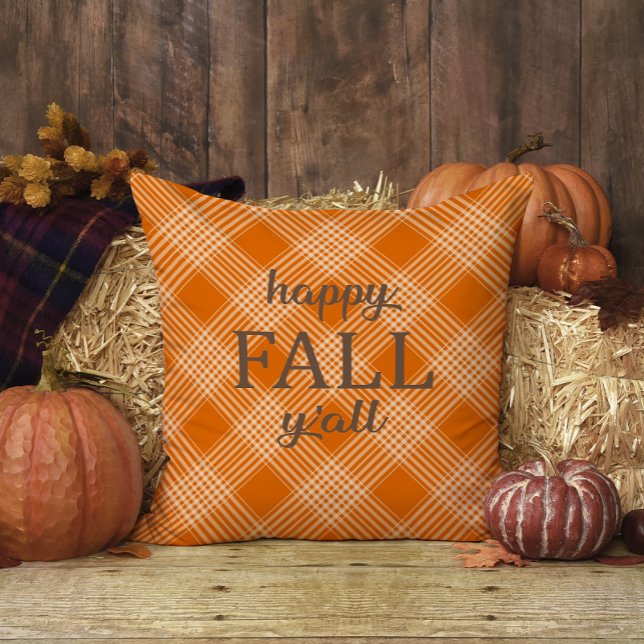 Orange och White Gingham Play Lycklig Fall Y'all Kudde (Skapare uppladdad)