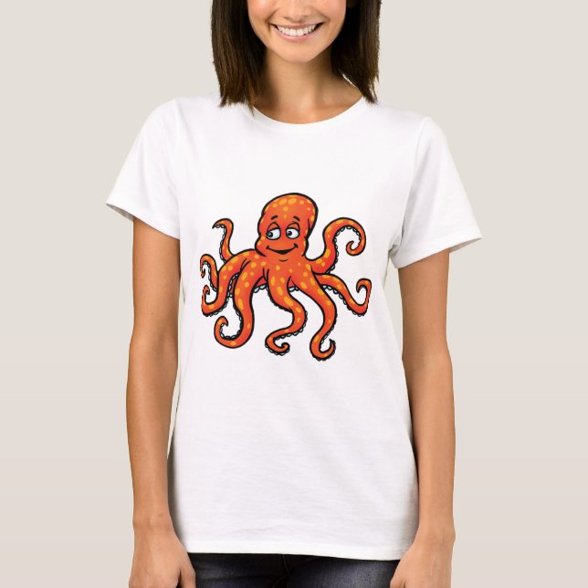 Orange Octopus Cartoon Ocean Sea Creature T Shirt (Framsida)